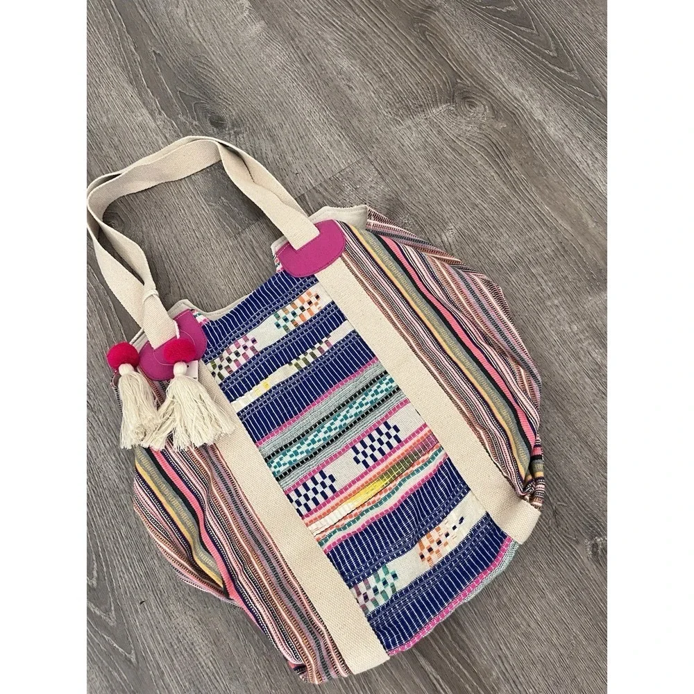 Boho Striped Canvas Tote Bag Tassels Bohemian Festival Beach Shoulder Bag NWT